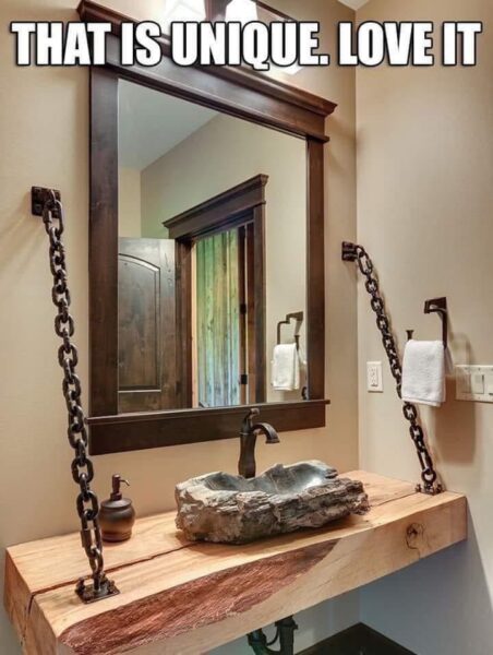 Bathroom Vanity That Redefines Elegance – Chains, Wood, And Stone