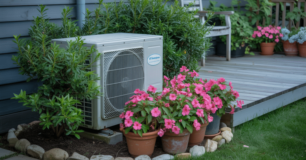Flowers and shrubs hiding ugly HVAC 